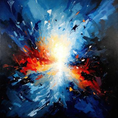 The primary subject of the image is a painting featuring a brightly colored, abstract design. The setting is a black background, which contrasts with the vibrant colors of the painting. The visual style is a mix of digital art and illustration, creating a unique and eye-catching piece. The dominant colors in the painting are blue, red, and orange, which contribute to a lively and energetic atmosphere.
